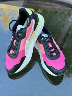 Puma Women's Pink Coral Neon Green Accent Platform Sneakers